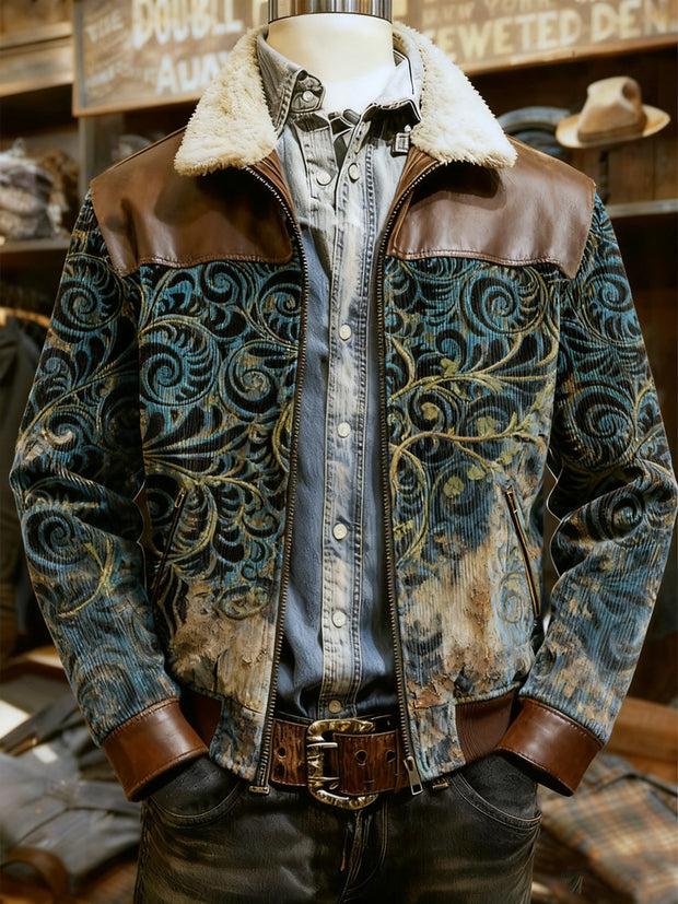 Men's Retro Western Style Print Casual Wool-Neck Lapel Zipper Jacket