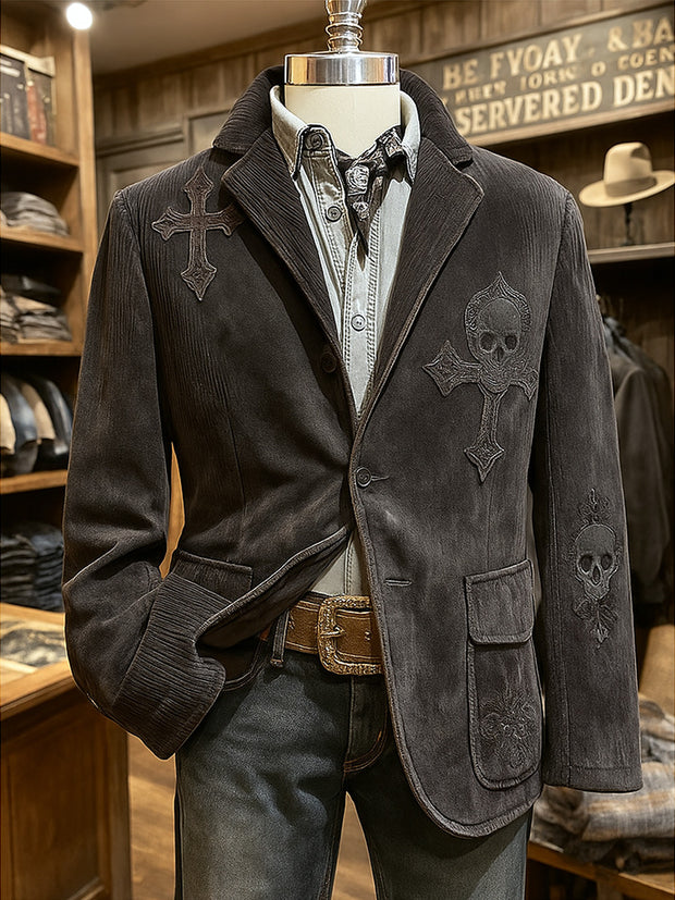 Men's Retro Western Skull Art Print Casual Pocket Blazers