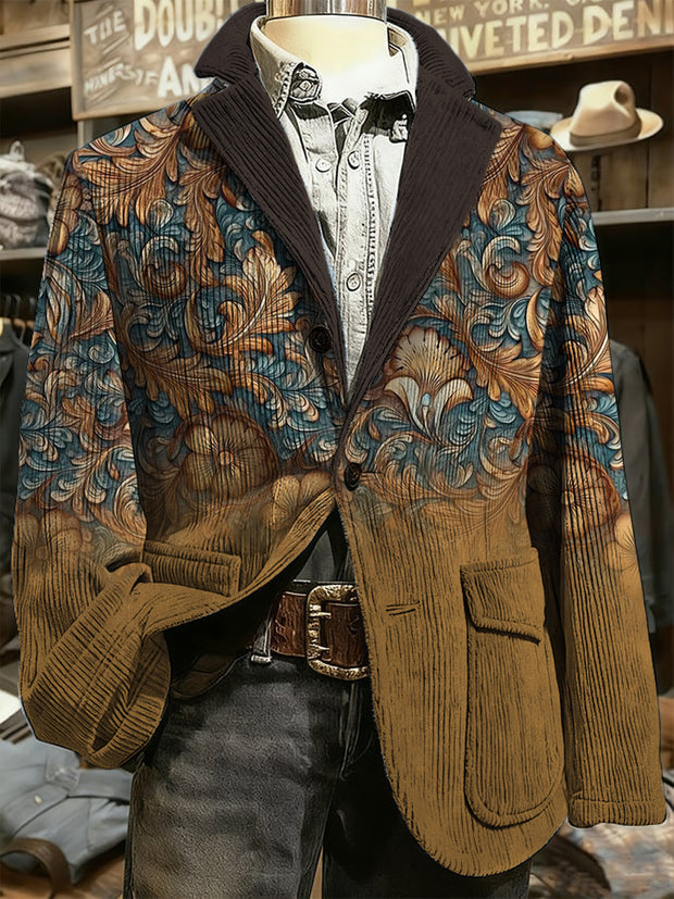 Men's Retro Western Style Art Print Casual Pocket Blazers