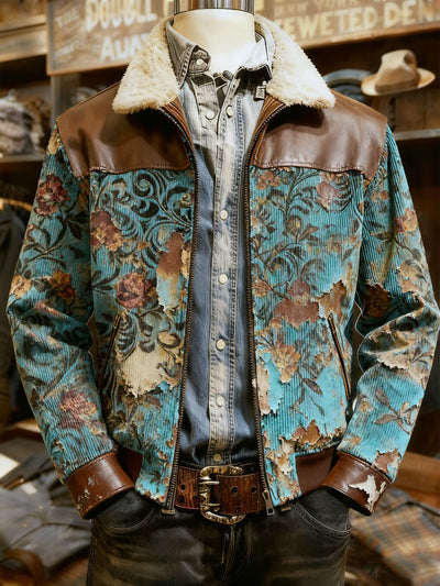 Men's Retro Western Style Print Casual Wool-Neck Lapel Zipper Jacket