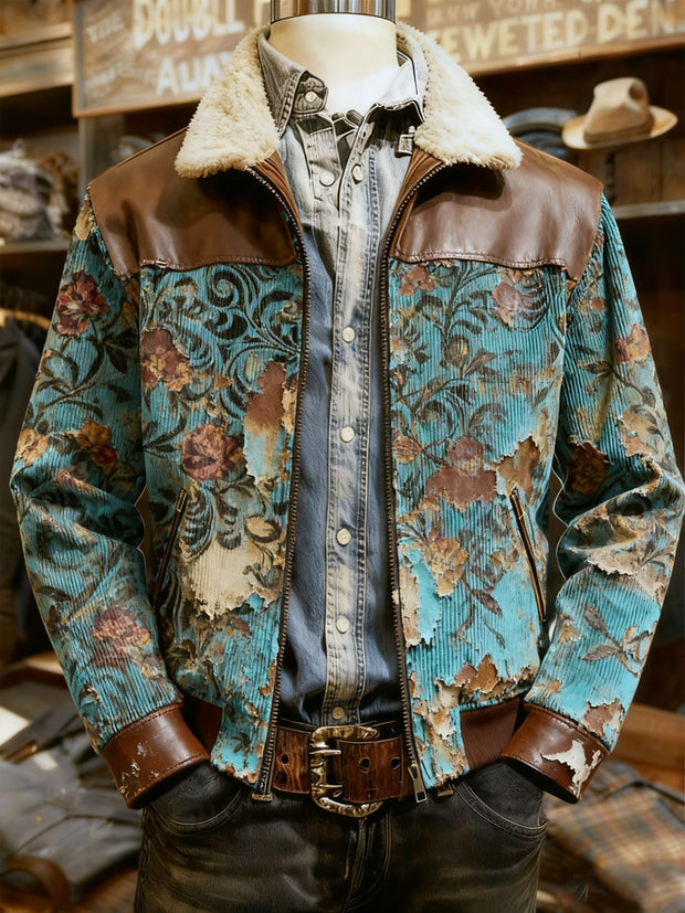 Men's Retro Western Style Print Casual Wool-Neck Lapel Zipper Jacket