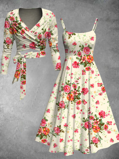 Floral Art Print Vintage Long Sleeve Two-Piece Midi Dress