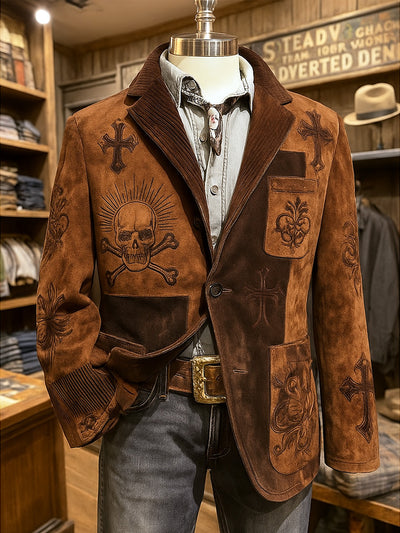 Men's Retro Western Art Print Casual Pocket Blazers