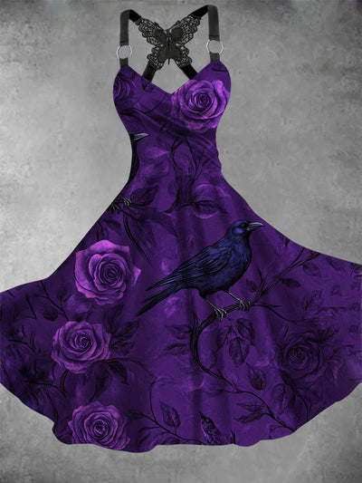 Retro Halloween Gothic Floral Art Printed Vintage V-Neck Pleated Butterfly Cross-Wrap Midi Dress