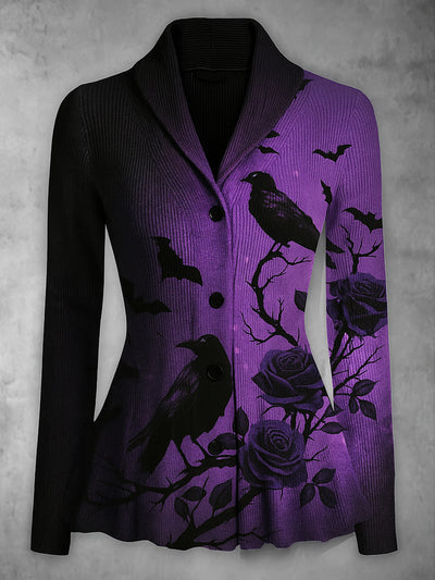 Gothic Crow Art Print Vintage Long Sleeve Lapel Button-up Cardigan