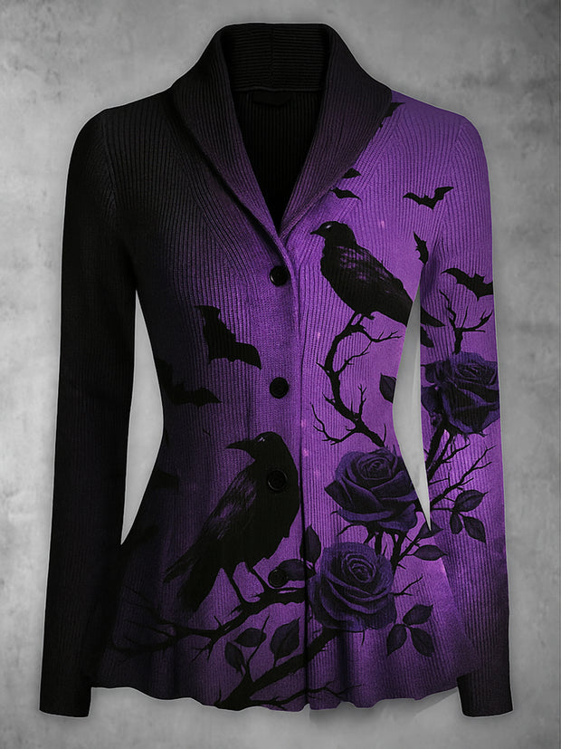 Gothic Crow Art Print Vintage Long Sleeve Lapel Button-up Cardigan