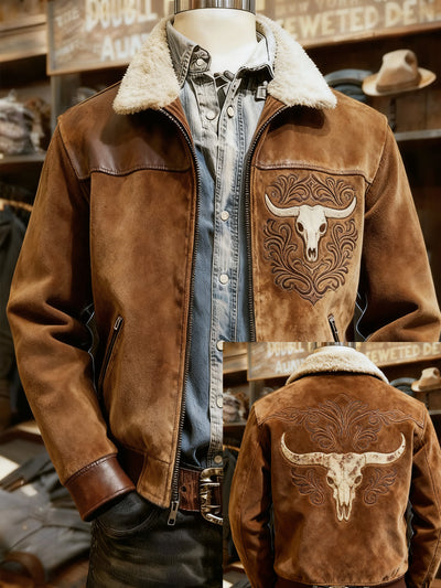 Herren-Retro-Western-Jacke mit Reverskragen und Reißverschluss