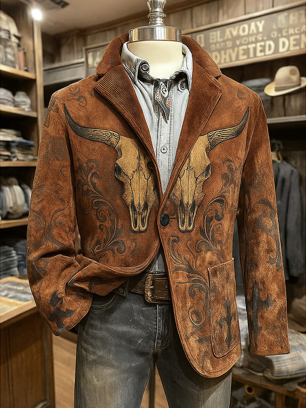 Men's Retro Western Art Print Casual Pocket Blazers