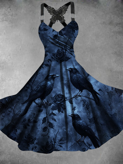 Retro Halloween Gothic Floral Art Printed Vintage V-Neck Pleated Butterfly Cross-Wrap Midi Dress