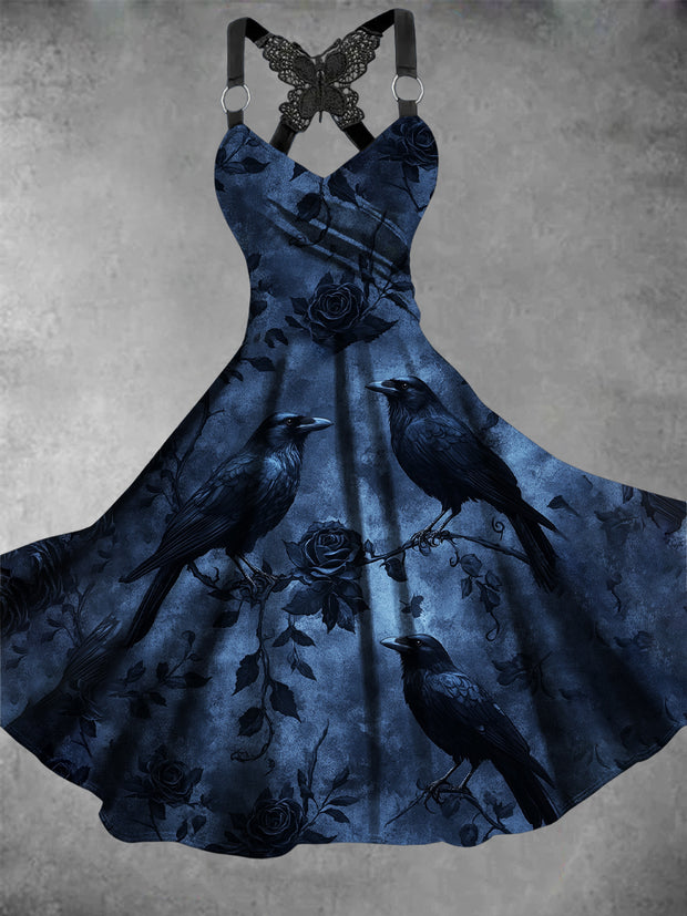 Retro Halloween Gothic Floral Art Printed Vintage V-Neck Pleated Butterfly Cross-Wrap Midi Dress