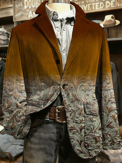 Men's Retro Western Style Art Print Casual Pocket Blazers