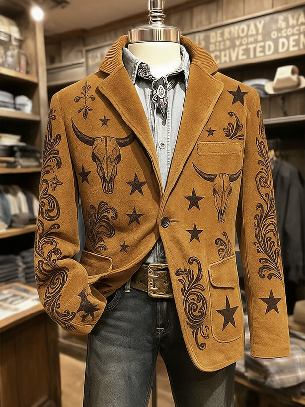 Men's Retro Western Art Print Casual Pocket Blazers