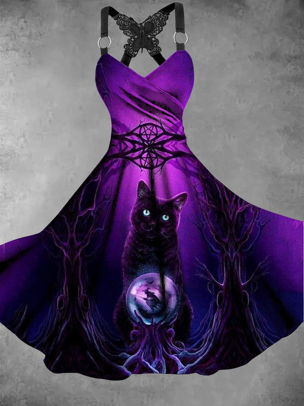 Retro Black Cat Art Printed Vintage V-Neck Pleated Butterfly Cross-Wrap Midi Dress