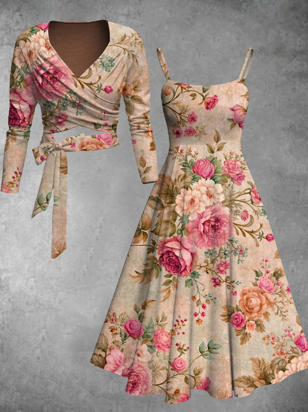 Retro Floral Art Print Vintage V-Neck Long Sleeve Two-Piece Midi Dress