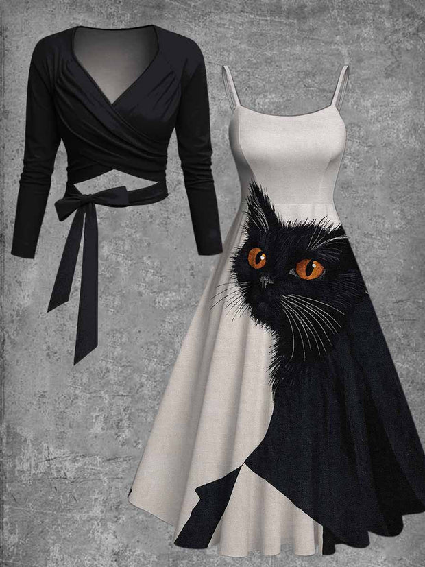 Black Cat Art Print Vintage Long Sleeve Two-Piece Midi Dress