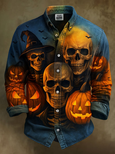 Retro Gothic Skull Halloween Art Abstract Printed Cotton Vintage Casual Cotton Long Sleeve Shirt