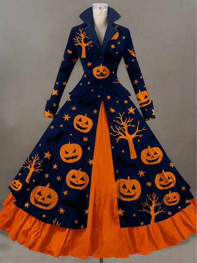 Halloween Pumpkin Art Print Lapel Button Up Double Layer Long Sleeve Vintage Maxi Dress