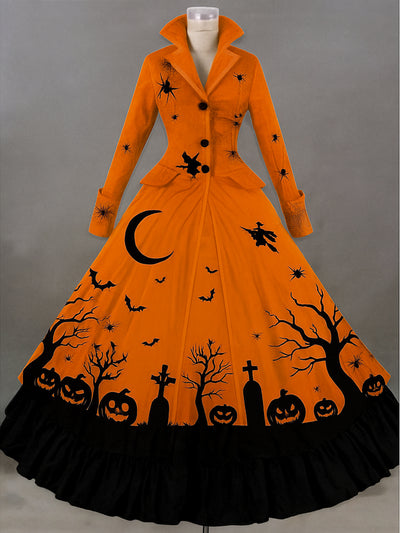 Halloween Gothic Art Print Lapel Button Up Double Layer Long Sleeve Vintage Maxi Dress