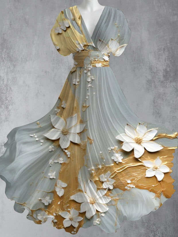 Retro Floral Art Printed Elegant V-Neck Vintage Short Sleeve Maxi Dress