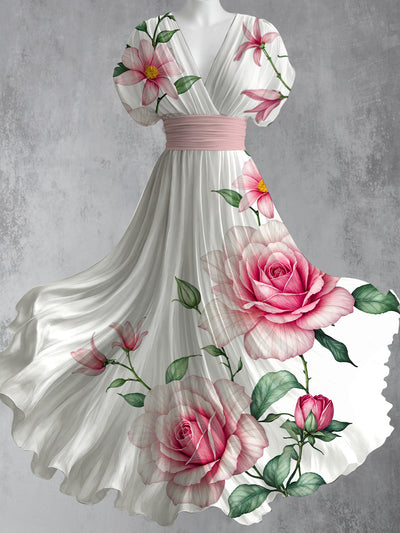 Retro Floral Art Printed Elegant V-Neck Vintage Short Sleeve Maxi Dress