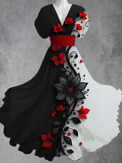 Retro Floral Art Printed Elegant V-Neck Vintage Short Sleeve Maxi Dress