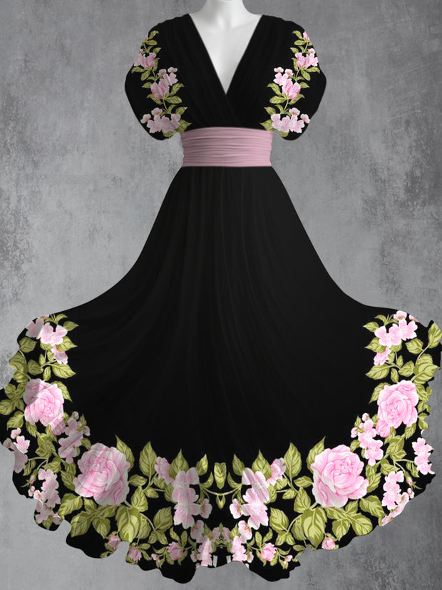 Retro Floral Art Printed Elegant V-Neck Vintage Short Sleeve Maxi Dress