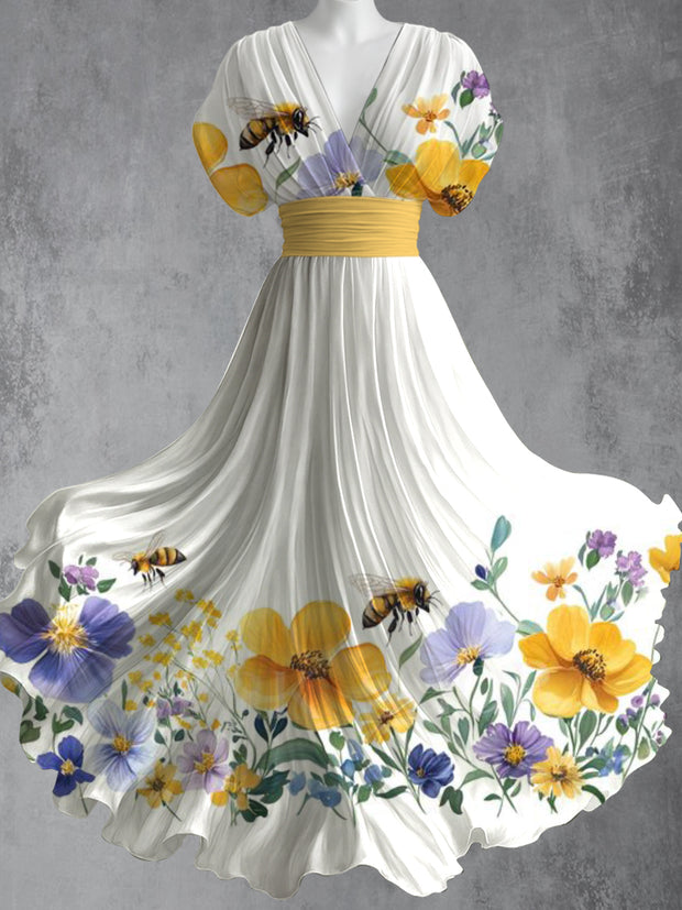 Retro Floral Art Printed Elegant V-Neck Vintage Short Sleeve Maxi Dress