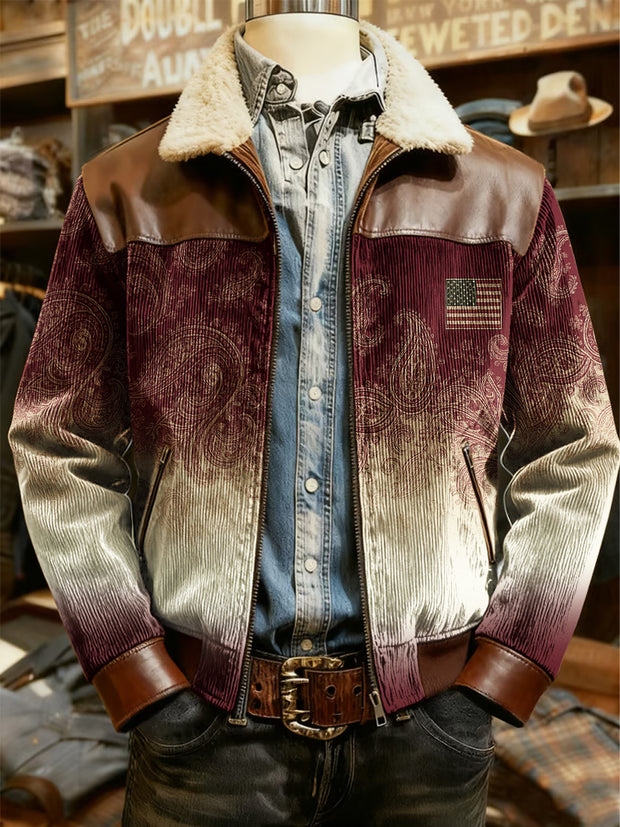 Men's Retro Western Style Print Casual Wool-Neck Lapel Zipper Jacket