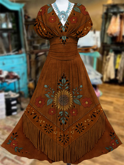Retro Suede Fringes Floral Carved Art V-Neck Vintage Batwing Short Sleeve Maxi Dress