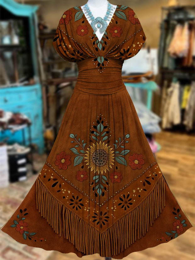 Retro Suede Fringes Floral Carved Art V-Neck Vintage Batwing Short Sleeve Maxi Dress