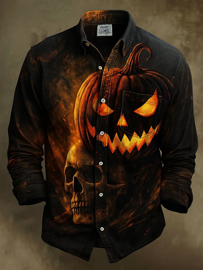 Retro Gothic Skull Halloween Art Abstract Printed Cotton Vintage Casual Cotton Long Sleeve Shirt