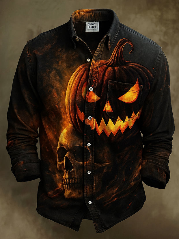 Retro Gothic Skull Halloween Art Abstract Printed Cotton Vintage Casual Cotton Long Sleeve Shirt