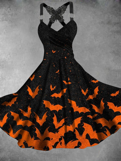 Halloween Gothic Bats Art Print Vintage V-Neck Midi Dress