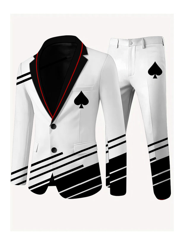 Men's Poker Card Art Print Casual Jacket Trousers Two-Piece Suits