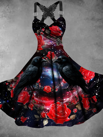 Retro Crow Floral Art Printed Vintage V-Neck Pleated Butterfly Cross-Wrap Midi Dress