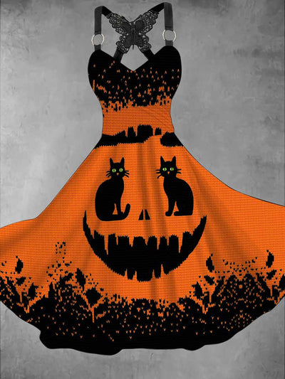 Retro Pumpkin Black Cat Printed Vintage V-Neck Pleated Butterfly Cross-Wrap Midi Dress