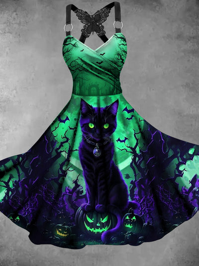 Retro Black Cat Art Printed Vintage V-Neck Pleated Butterfly Cross-Wrap Midi Dress