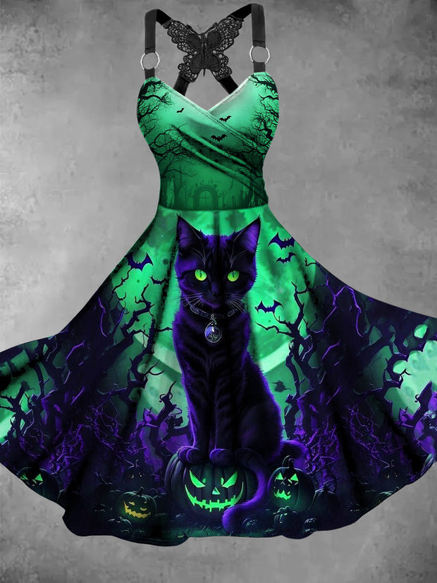 Retro Black Cat Art Printed Vintage V-Neck Pleated Butterfly Cross-Wrap Midi Dress