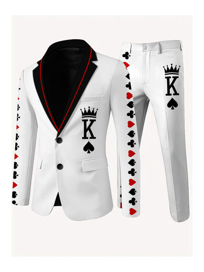 Men's Poker Card Art Print Casual Jacket Trousers Two-Piece Suits