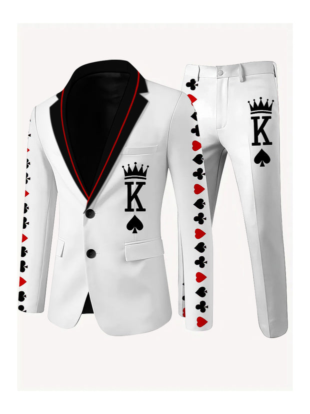 Men's Poker Card Art Print Casual Jacket Trousers Two-Piece Suits