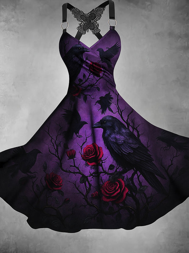 Gothic Raven Floral Art Print Vintage V-Neck Butterfly Cross-Wrap Midi Dress