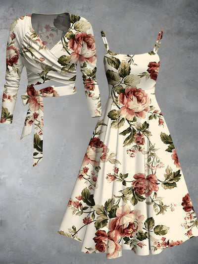 Retro Floral Art Printed Vintage Unique Slim Fit Cross Wrap Long Sleeve Two-Piece Midi Dress