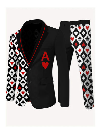 Men's Poker Card Art Print Casual Jacket Trousers Two-Piece Suits