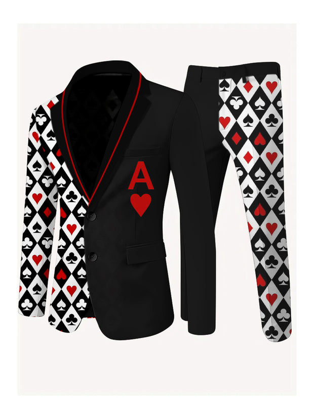 Men's Poker Card Art Print Casual Jacket Trousers Two-Piece Suits