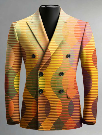 Curved Striped Art Print Double Breasted Blazer