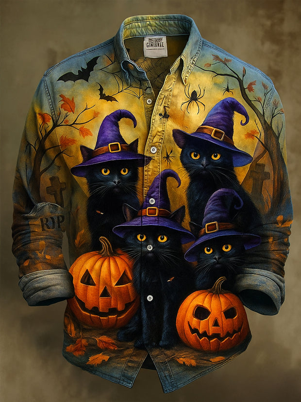 Retro Gothic Skull Halloween Art Abstract Printed Cotton Vintage Casual Cotton Long Sleeve Shirt