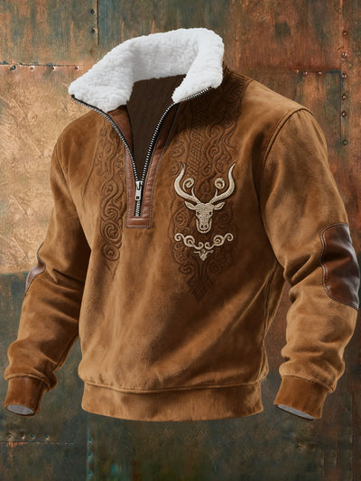 Men's Retro Western Style Print Jacquard Fabric Zipper Fur Collar Long Sleeve Sweatshirt