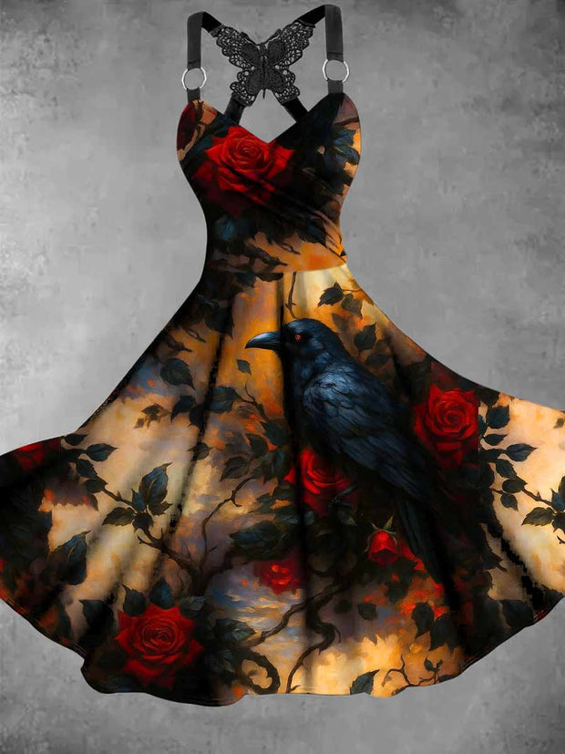 Retro Crow Floral Art Printed Vintage V-Neck Pleated Butterfly Cross-Wrap Midi Dress