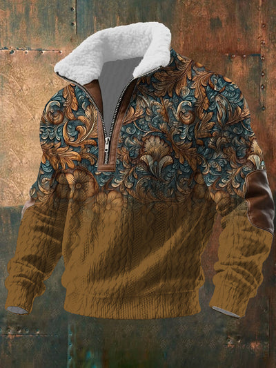 Men's Retro Western Style Art Print Jacquard Fabric Zipper Fur Collar Long Sleeve Sweatshirt