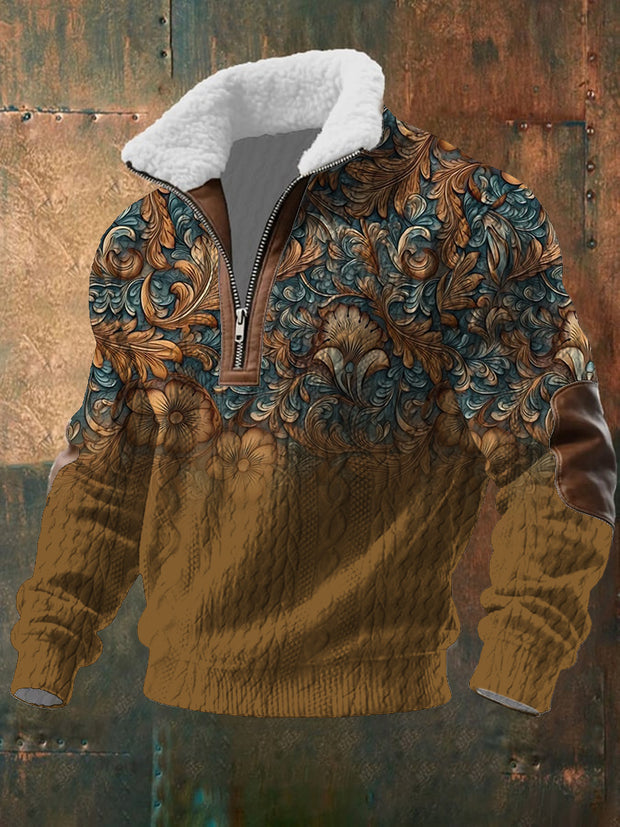 Men's Retro Western Style Art Print Jacquard Fabric Zipper Fur Collar Long Sleeve Sweatshirt